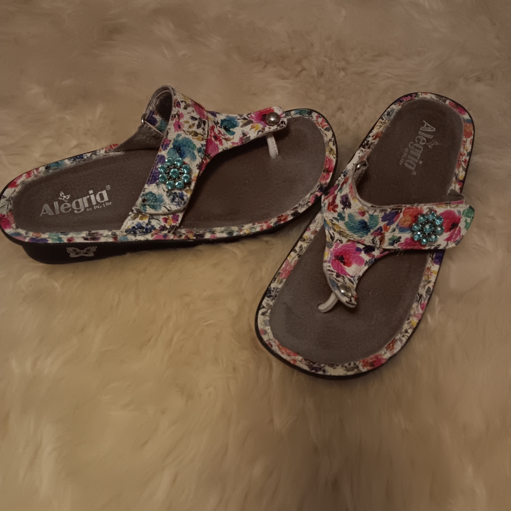 Alegria Floral Multi-Color Women’s Thong Sandals with Turquoise Gem